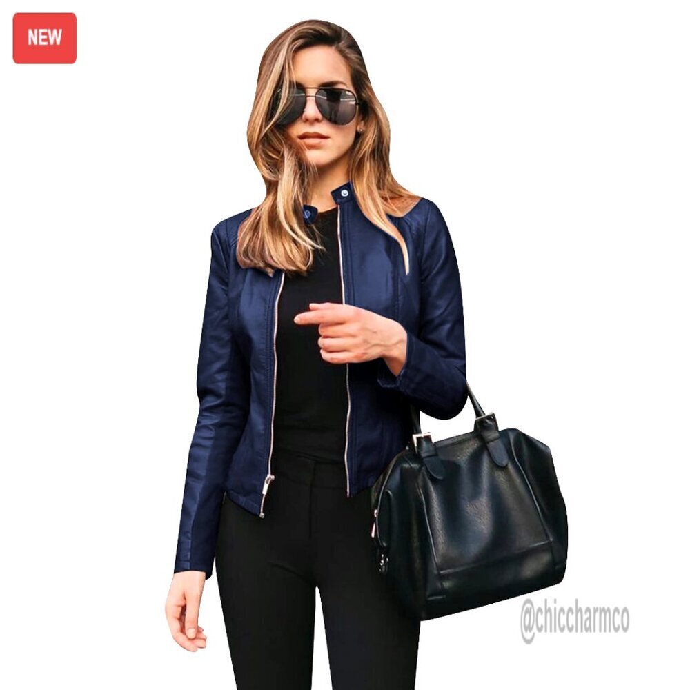 Faux Leather Moto Jacket Quilted Slim Fit Long Sleeve Punk Rock Biker Coat